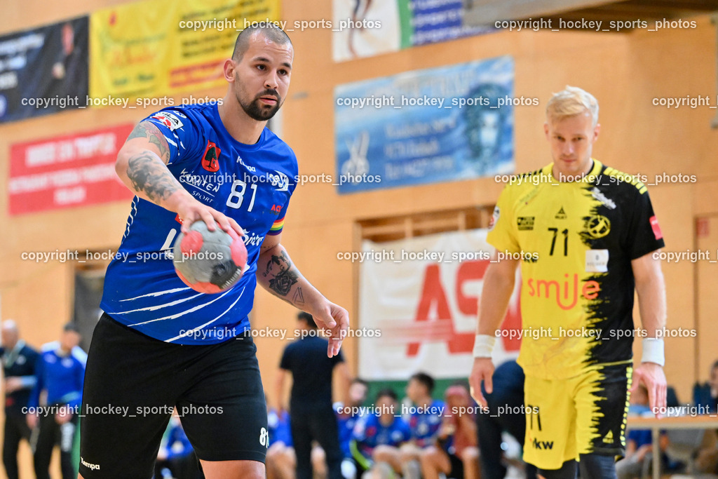 SC Ferlach vs. Bregenz Handball | #81 Milicevic Adrian SC Ferlach, #71 Schröder Andreas Bregenz Handball, SC Ferlach vs. Bregenz Handball, SC Ferlach vs. Bregenz Handball am 28.09.2024 in Ferlach (Ballspielhalle Ferlach), Austria, (Photo by Bernd Stefan)