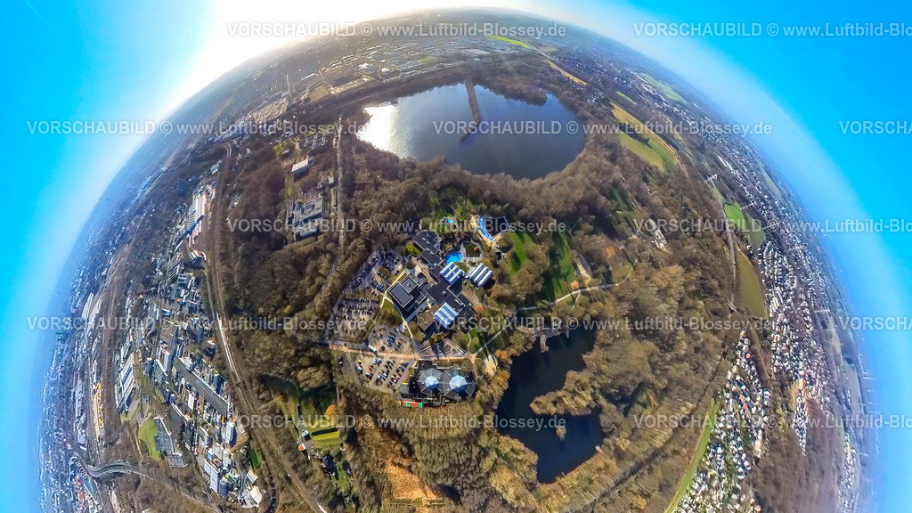 Dortmund240190023WischlingenRevierpark | Luftbild, Freizeitpark Revierpark Wischlingen Solebad und Fitness Center Wischlingen mit See und Eishalle, Naturschutzgebiet Hallerey See, Erdkugel, Fisheye Aufnahme, Fischaugen Aufnahme, 360 Grad Aufnahme, tiny world, little planet, fisheye Bild, Huckarde, Dortmund, Ruhrgebiet, Nordrhein-Westfalen, Deutschland