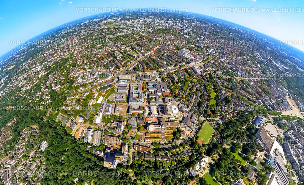 Essen230790082_UniversitaetsKlinikum | Luftbild, Universitätsklinikum Essen, Erdkugel, Fisheye Aufnahme, Fischaugen Aufnahme, 360 Grad Aufnahme, tiny world, Holsterhausen, Essen, Ruhrgebiet, Nordrhein-Westfalen, Deutschland