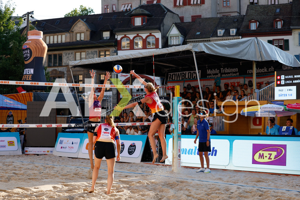 Obi BeachTour 2026 - Basel | BASEL, SWITZERLAND - JULY 17: LINDA ABBÜHL (SUI) attack / spike during the Obi BeachTour 2026 match between BOSSART / ABBÜHL (SUI) and KLUSER / SCHWAB (SUI) at Barfüsserplatz on July 17, 2026 in Basel, Switzerland. - Realisiert mit Pictrs.com