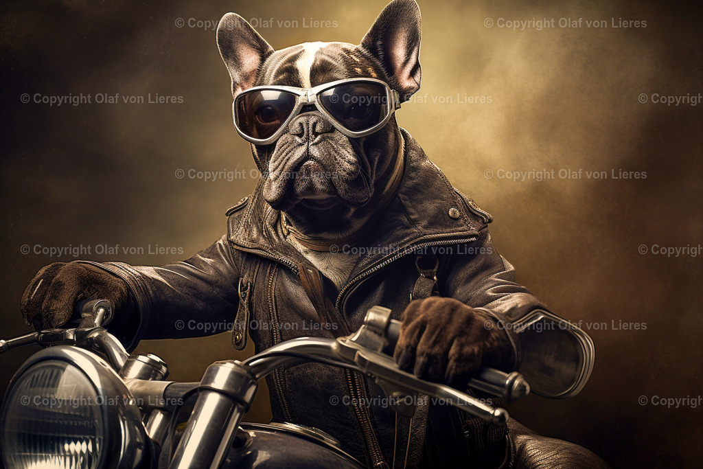 französische Bulldogge auf dem Motorrad | Hund mit Sonnenbrille fährt Motorrad