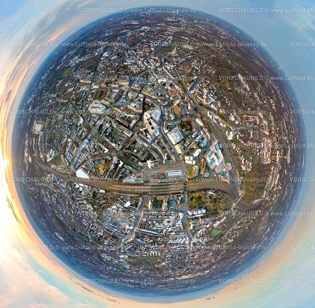 Bochum2301fish0006HauptbahnhofCity | Luftbild, Innenstadtansicht, City mit Hauptbahnhof, Fisheye Aufnahme, Fischaugen Aufnahme, 360 Grad Aufnahme, Gleisdreieck, Bochum, Ruhrgebiet, Nordrhein-Westfalen, Deutschland