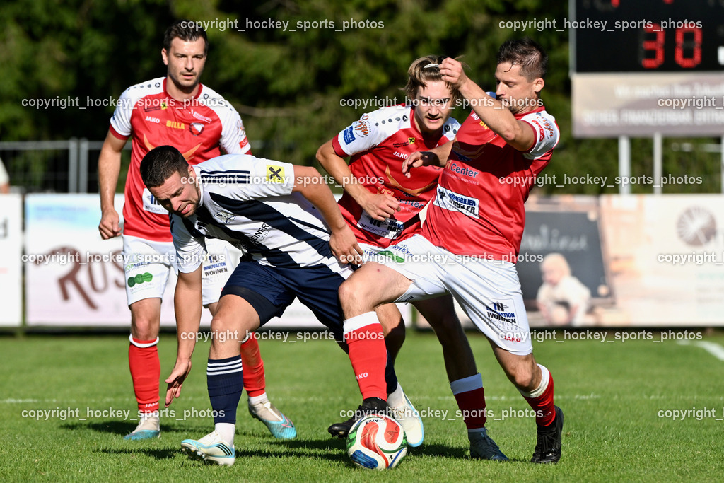 ATUS Nötsch vs. FC Dölsach | #20 Philipp Straganz FC Dölsach, #5 Andreas Kröll ATUS Nötsch, #10 Andreas Orter ATUS Nötsch, #7 Harald Ottowitz ATUS Nötsch, ATUS Nötsch vs. FC Dölsach, ATUS Nötsch vs. FC Dölsach am 23.08.2026 in Nötsch (Sportplatz Nötsch), Austria, (Photo by Bernd Stefan)