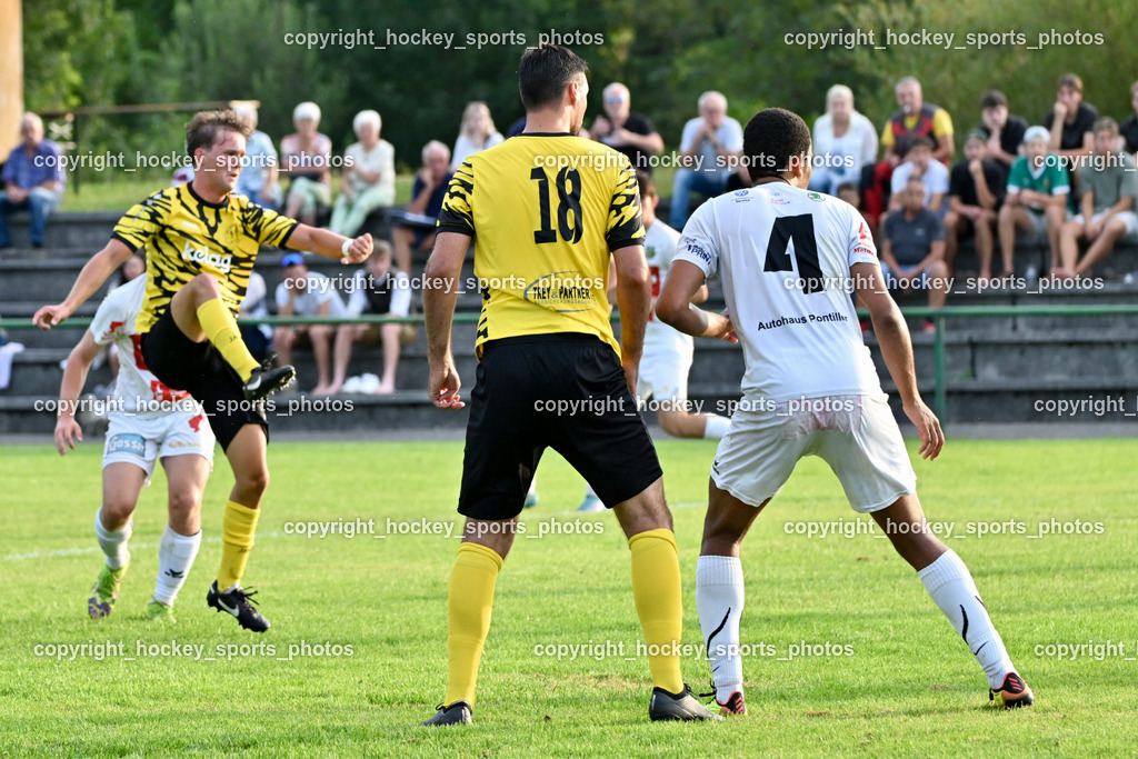 FC Faakersee vs. Rapid Lienz  | #5 Cajetan Maria Thaddäus Kolig FC Faakersee, #18 Andreas Unterguggenberger FC Faakersee, #4 Aziz Olayemi Ayodeji Rapid Lienz, FC Faakersee vs. Rapid Lienz , FC Faakersee vs. Rapid Lienz  am 04.08.2024 in Faakersee (Sportplatz Faakersee), Austria, (Photo by Bernd Stefan)