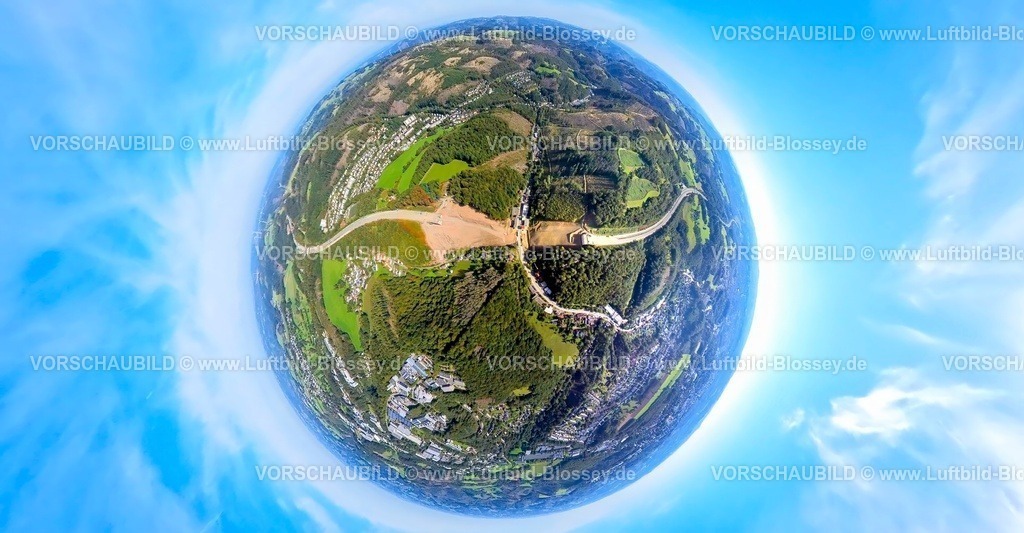 Luedenscheid230990256A45Rahmedebruecke-topaz | Luftbild, Abgerissene und gesprengte Talbrücke Rahmede der Autobahn A45, Altenaer Straße, Waldschäden, Erdkugel, Fisheye Aufnahme, Fischaugen Aufnahme, 360 Grad Aufnahme, tiny world, Gevelndorf, Lüdenscheid, Sauerland, Nordrhein-Westfalen, Deutschland
