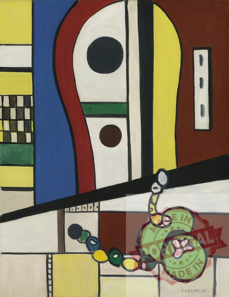 Fernand Léger abstract composition still life with fruits | Fernand Leger Abstract painting featuring geometric forms, primary colors, and still life components - Realized with Pictrs.com