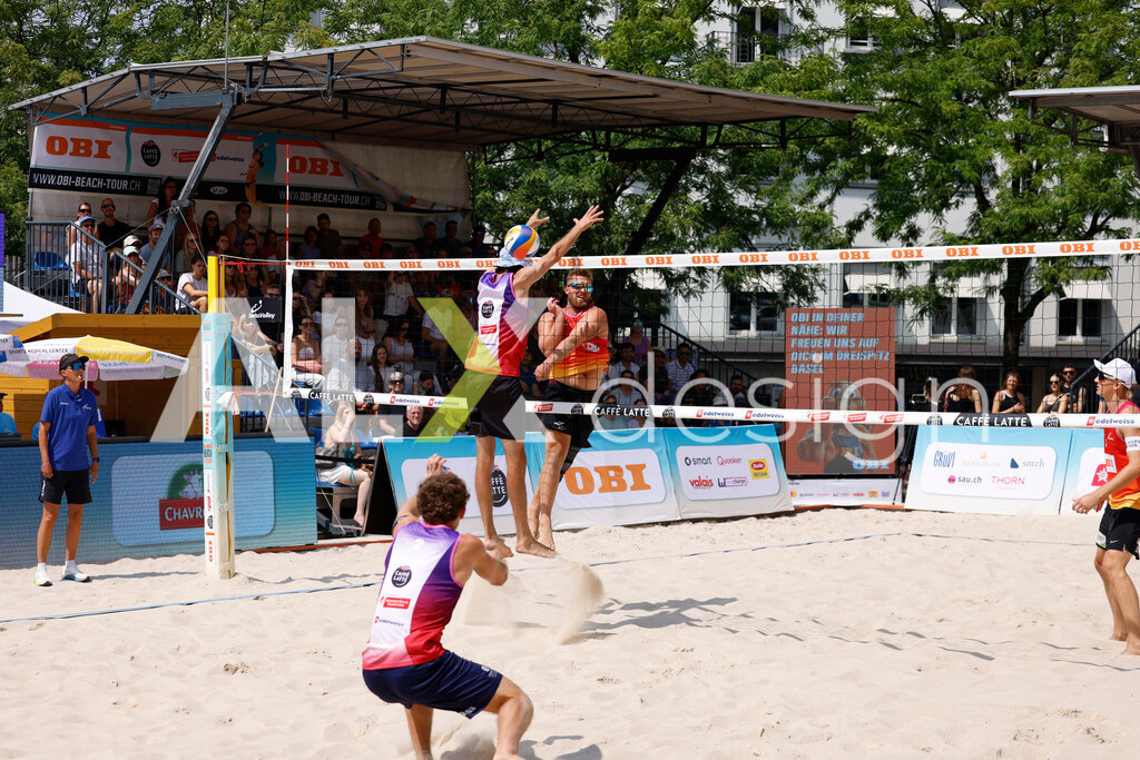 Obi BeachTour 2026 - Basel | BASEL, SWITZERLAND - JULY 19: MORITZ KINDL (AUT)  attack / spike during the Obi BeachTour 2026 match between HAGENBUCH / HAUSSENER (SUI) and LEITNER / KINDL (AUT) at Barfüsserplatz on July 19, 2026 in Basel, Switzerland. - Realisiert mit Pictrs.com