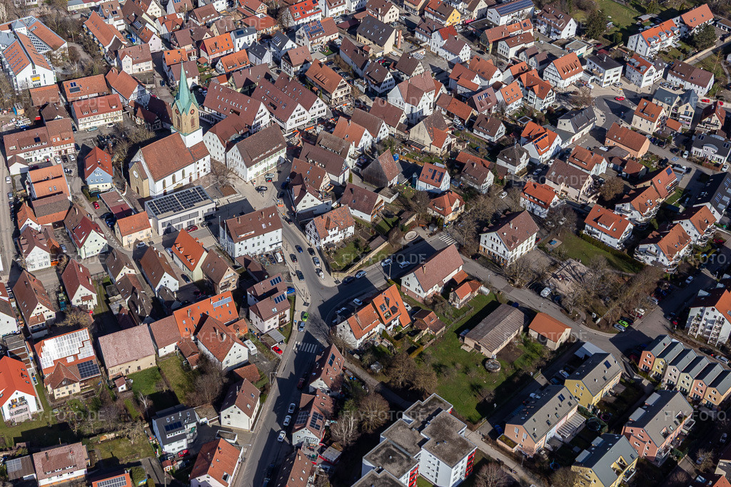 Luftbild: Hauptstraße Humboldtstr in Renningen im Bundesland Baden-Württemberg in Deutschland. Foto: IMG_125046.jpg vom 20.02.2021 durch Werner Riehm/FLY-FOTO.de