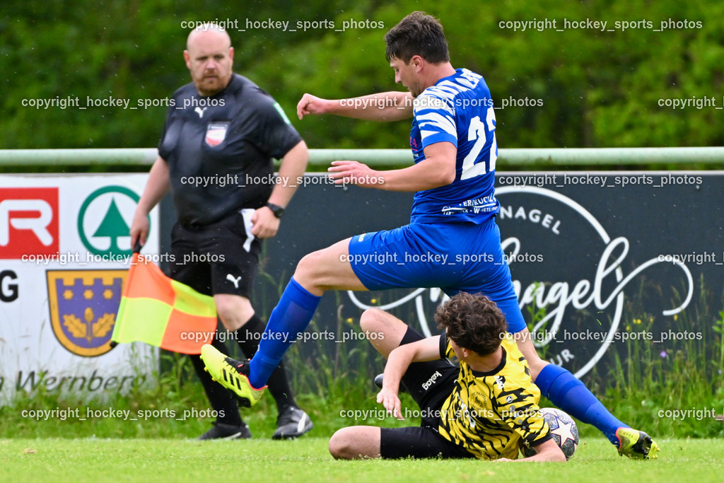 SV Wernberg vs. FC Faakersee | #22 Milos Bukumirovic SV Wernberg, #16 Tobias Felix Waldner FC Faakersee, Stefan Schmiedmeier Referee, SV Wernberg vs. FC Faakersee, SV Wernberg vs. FC Faakersee am 01.06.2024 in Wernberg (Sportplatz Wernberg), Austria, (Photo by Bernd Stefan)