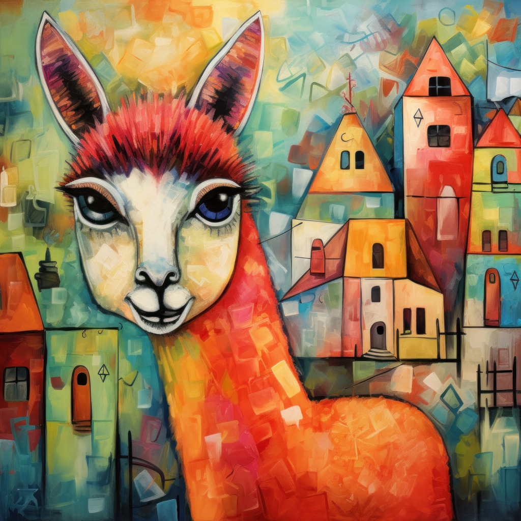 2308050 - Alpaca | Bestellen Sie dieses digitale Gemälde als hochwertigen Kunstdruck auf Leinwand, Acrylglas, Dibond oder als Poster. Das Bild erinnert an den Stil von Marc Chagall.