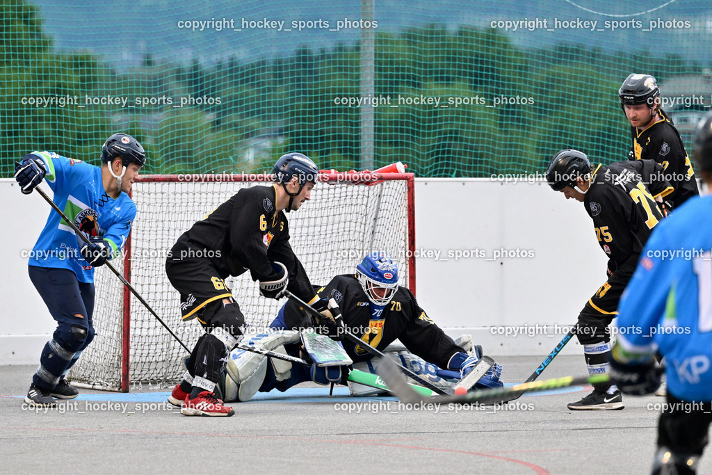ASKÖ Hockey Villach vs. VAS Ballhockey  | #13 SCHARF Nikolas ASKÖ Villach Hockey, #66 Hintermann Daniel VAS Villach, #70 Moser Lukas VAS Villach, #75 Wohlfahrt Benedikt VAS Villach, #97 Pirsch Christoph VAS Villach, ASKÖ Hockey Villach vs. VAS Ballhockey , ASKÖ Hockey Villach vs. VAS Ballhockey  am 06.07.2025 in Villach (Alpen Arena ), Austria, (Photo by Bernd Stefan)