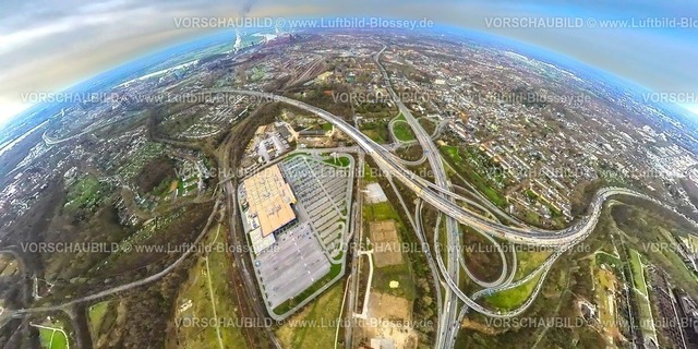 Duisburg230328_6BAB-KreuzDU-Nord | Luftbild, Autobahnkreuz Duisburg-Nord mit Baustelle, Autobahn A42 und Autobahn A59, Ikea Möbelhaus, Erdkugel, Fisheye Aufnahme, Fischaugen Aufnahme, 360 Grad Aufnahme, Obermeiderich, Duisburg, Ruhrgebiet, Nordrhein-Westfalen, Deutschland