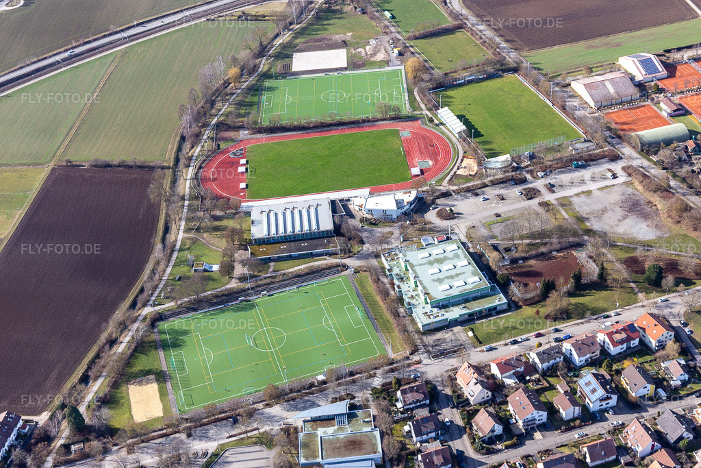 Luftbild: Sportpark Stegwiesen mit Rankbachstadion und Rankbachhalle von Osten in Renningen im Bundesland Baden-Württemberg in Deutschland. Foto: IMG_125021.jpg vom 20.02.2021 durch Werner Riehm/FLY-FOTO.deWWW.RENNINGEN.DE