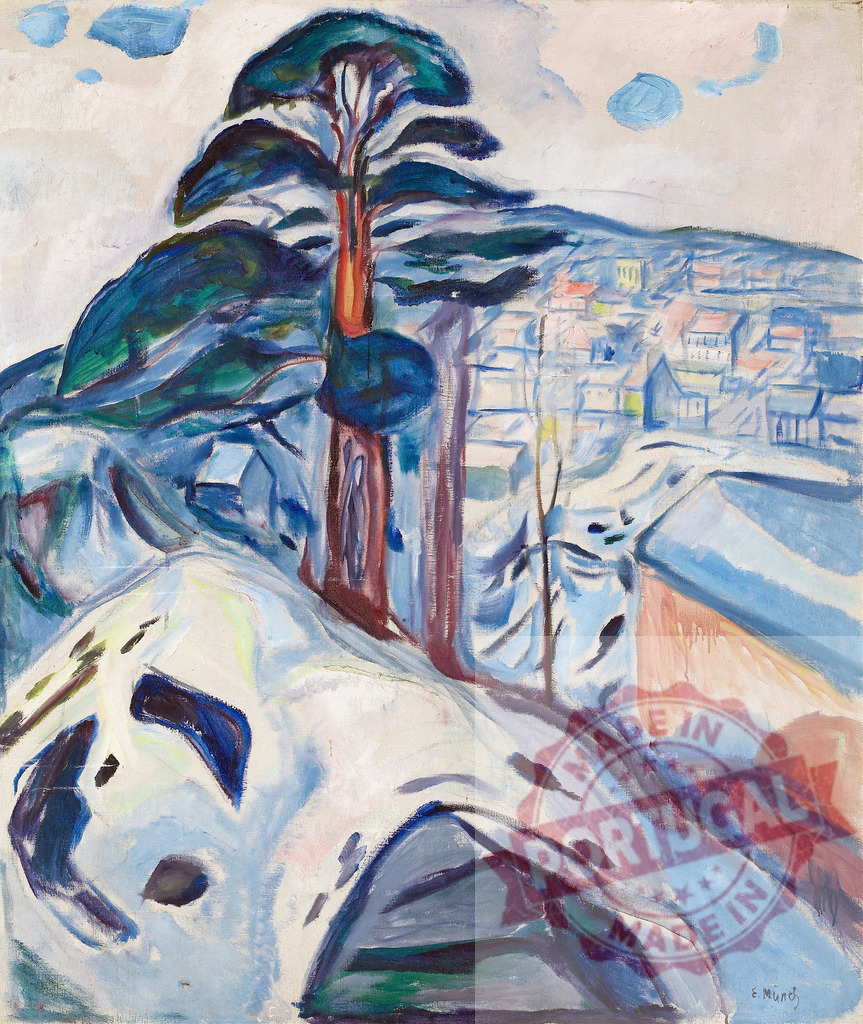 Edvard Munch expressionist painting of snowy winter landscape | Edvard Munch Edvard Munch painting showing a snowy landscape with a prominent tree and distant village - Realisiert mit Pictrs.com