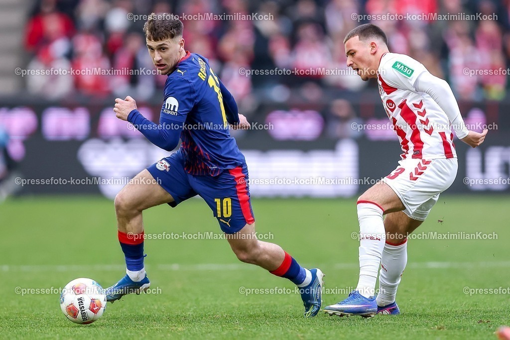 1FC08022601023 | 08.02.2026, Fußball, 1. FC Köln - RB Leipzig, 1. Fußball Bundesliga, 21. Spieltag, RheinEnergie-STADION, Saison 2025 2026: Brajan Gruda (RB Leipzig #10) im Zweikampf gegen  Said El Mala&nbsp;(1FC Koeln #13)  DFB regulations prohibit any use of photographs as image sequences and or quasi-video.