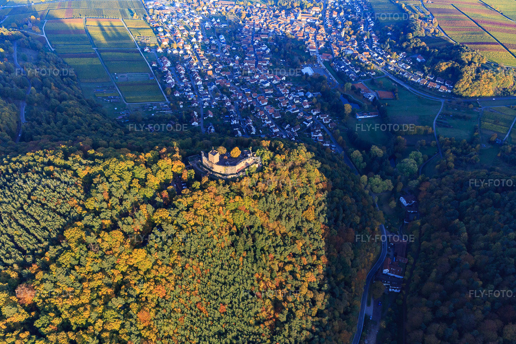 Luftbild: Burgruine der Burg Landeck im herbstlichem Wald bei Abendlicht in Klingenmünster im Bundesland Rheinland-Pfalz in Deutschland. Foto: IMG_095758.jpg vom 30.10.2016 durch Werner Riehm/FLY-FOTO.deKlingenmuenster | Burglandeck Klingenmünster