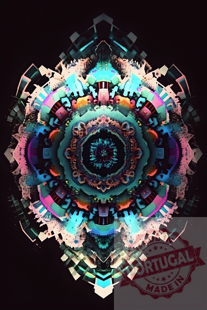 Digital fractal mandala evolving with colorful abstract shapes | Vibrant abstract digital art showing a kaleidoscopic fractal pattern on a dark background - Realisiert mit Pictrs.com