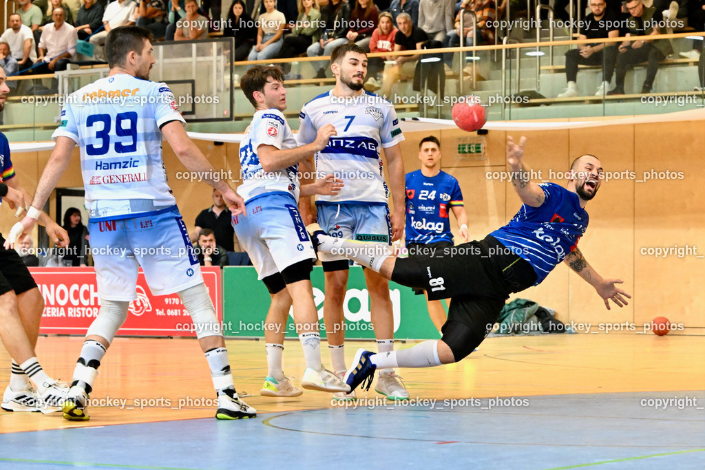 SC Ferlach vs. HC Linz AG 11.10.2023 | #39 HAMZIC Arnad HC LINZ, #24 JOVANOVIC Mladan SC Ferlach, #7 GRGIC Mislav HC LINZ, #81 MILICEVIC Adrian SC Ferlach, SC Ferlach vs. HC Linz AG 11.10.2023, SC Ferlach vs. HC Linz AG am 11.10.2023 in Ferlach (Ballspielhalle Ferlach), Austria, (Photo by Bernd Stefan)