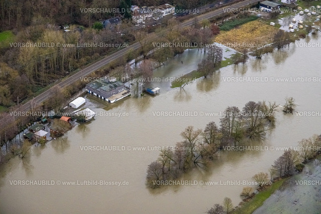 Witten231201950Ruhr | Luftbild, Ruhrhochwasser, Weihnachtshochwasser 2023, Fluss Ruhr tritt nach starken Regenfällen über die Ufer, Überschwemmungsgebiet Gedern mit Campinghäusern an der Wetterstraße, Ruderverein Bochum e.V. Vereinsheim, Bäume im Wasser, Bommern, Witten, Ruhrgebiet, Nordrhein-Westfalen, Deutschland