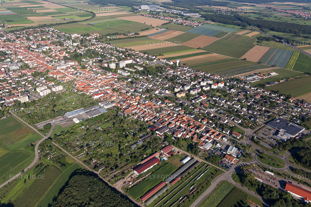 Luftbild: Ortsansicht der Straßen und Häuser der Wohngebiete in Kandel im Bundesland Rheinland-Pfalz in Deutschland. Foto: IMG_094019.jpg vom 23.08.2016 durch Werner Riehm/FLY-FOTO.de