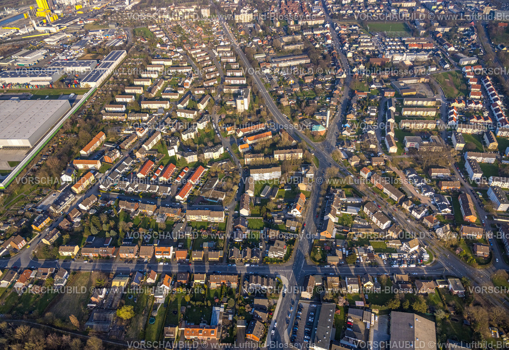 Hamm240305654 | Luftbild, Wohngebiet um die Friesenstraße und Dortmunder Straße, evang. Apostelkirche, Stadtbezirk Herringen, Hamm, Ruhrgebiet, Nordrhein-Westfalen, Deutschland