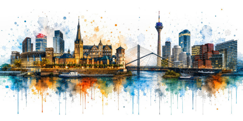 2605029 - Düsseldorf Skyline | Moderne Düsseldorf Skyline im Stil eines Aquarell Gemäldes als hochwertiger Kunstdruck. Wähle ganz einfach über "Bestellen" Format und Ausführung.