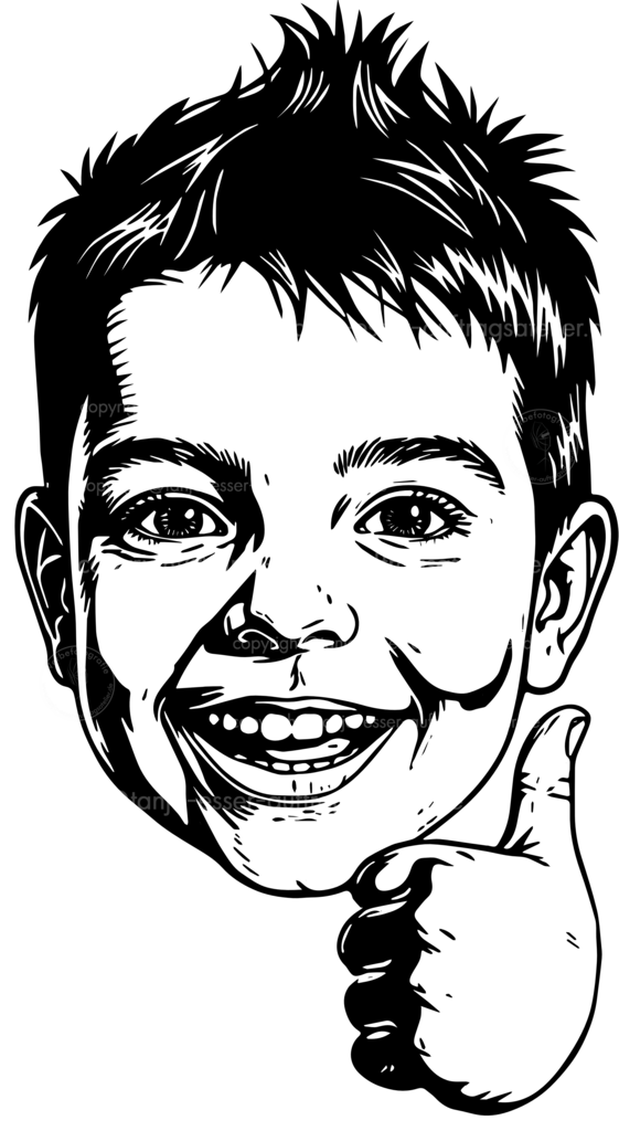 Junge mit Daumen-Hoch-Geste freigestellt | Outline Illustration eines fröhlichen Jungen, der eine positive Daumen-hoch-Geste zeigt, isoliert auf transparentem Hintergrund. Das Kind vermittelt Erfolg oder Zustimmung