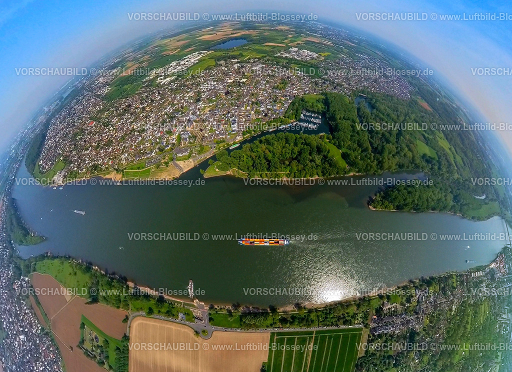 Bonn240590108Rhein_Siegmuendung | Luftbild, Fluss Sieg und Siegmündung, Fluss Rhein und Binnenschifffahrt mit 
Containerschiff, Diescholl Altarm der Sieg und Waldgebiet Siegaue, Ortsansicht Mondorf und Bergheim, Mondofer Hafen und Rhein-Yacht-Club Niederkassel-Mondorf e.V., Erdkugel, Fisheye Aufnahme, Fischaugen Aufnahme, 360 Grad Aufnahme, tiny world, little planet, fisheye Bild, Bergheim, Troisdorf, Nordrhein-Westfalen, Deutschland
