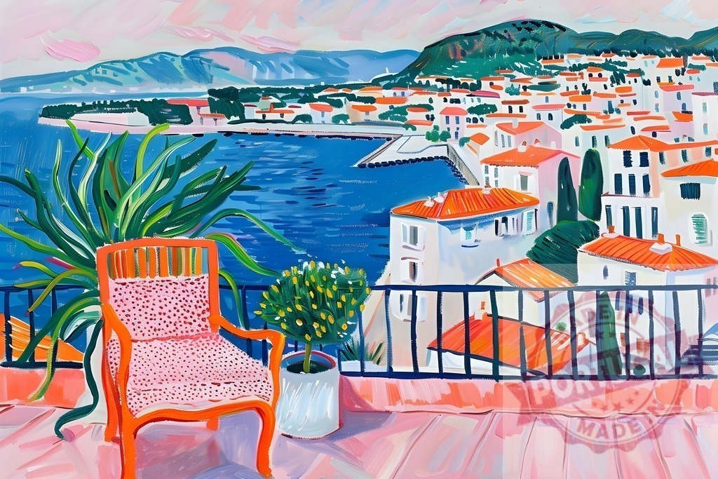 Balcony view over colorful Mediterranean coastal town seascape | Vibrant Fauvist painting depicting a picturesque coastal town and deep blue sea from a balcony - Realized with Pictrs.com