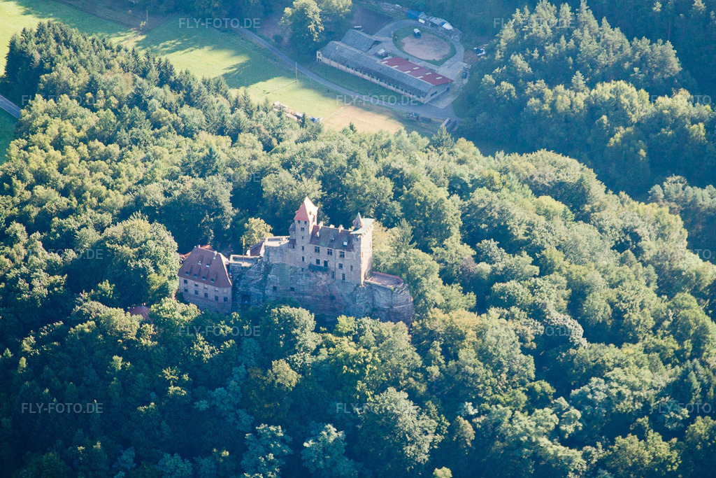 Luftbild: Erlenbach bei Dahn, Burg Berwartstein in Erlenbach bei Dahn im Bundesland Rheinland-Pfalz in Deutschland. Foto: IMG_31030.jpg vom 07.08.2010 durch Werner Riehm/FLY-FOTO.de