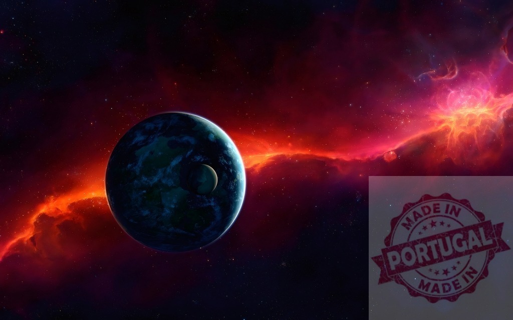 Planet with moon orbiting fiery red nebula | Planet and moon orbiting in deep space with glowing cosmic nebula - Realisiert mit Pictrs.com