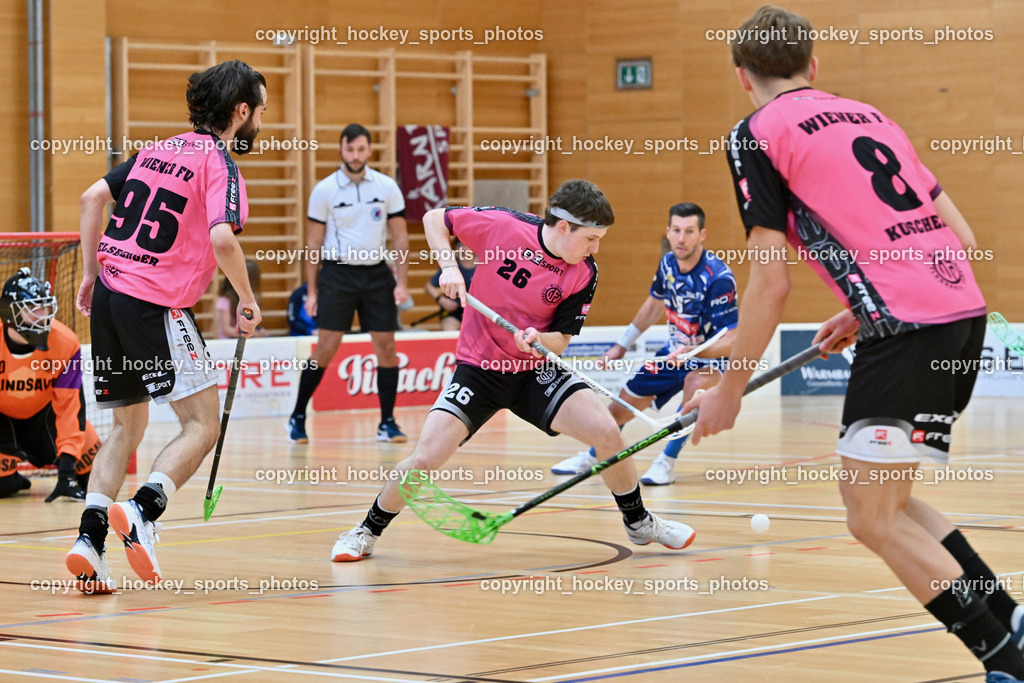 VSV Unihockey vs. Wiener Floorball Verein | #95 FELSBERGER Niklas Wiener Floorballverein, #26 Alexander Hanschur Wiener Floorballverin, VSV Unihockey vs. Wiener Floorball Verein, VSV Unihockey vs. Wiener Floorball Verein am 18.05.2025 in Villach (Ballspielhalle St. Martin), Austria, (Photo by Bernd Stefan)