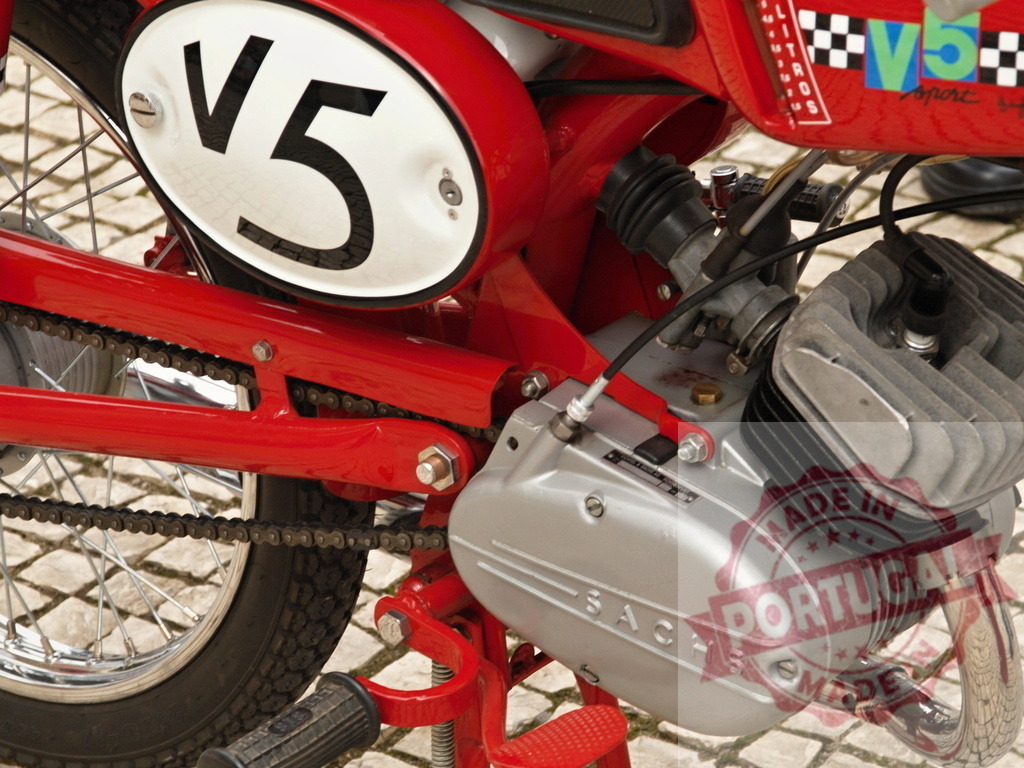 Sachs engine of a red vintage V5 racing motorcycle | Close-up of a Sachs engine on a red vintage V5 racing motorcycle, highlighting its mechanical details - Realized with Pictrs.com