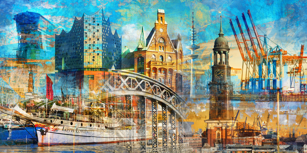 10191111 - Hamburg Collage 025 | Moderne abstrakte Hamburg Collage mit vielen Sehenswürdigkeiten.