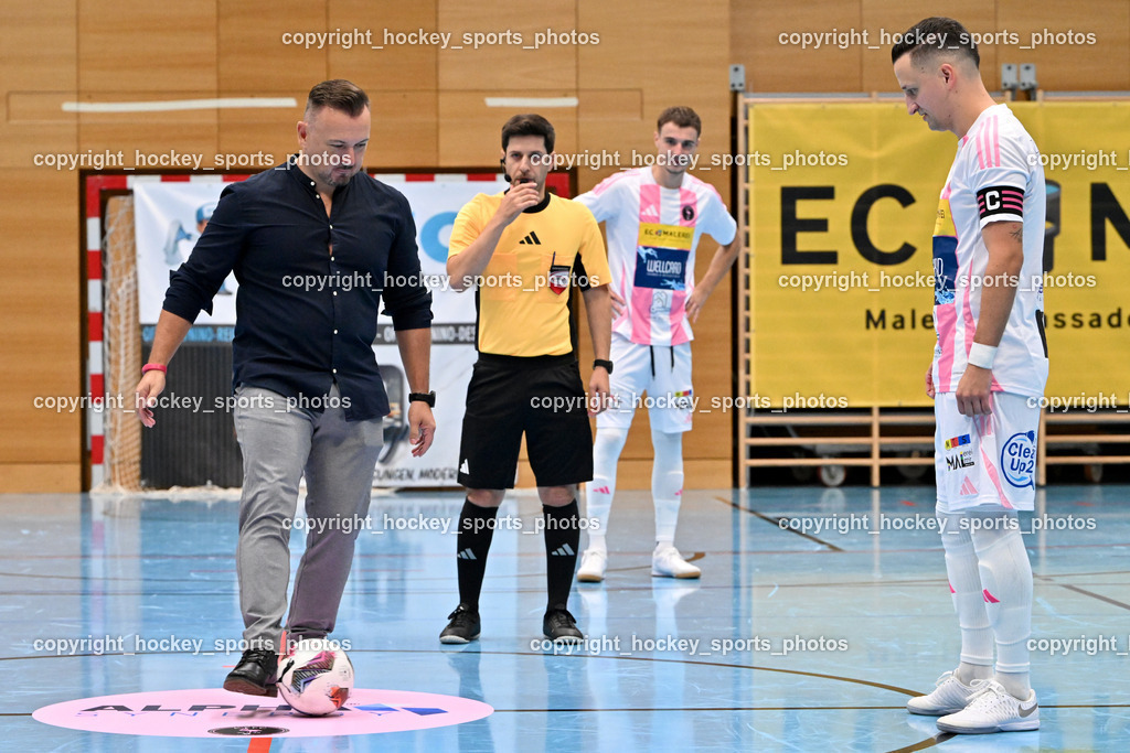 Carinthia Flamengo Futsal Club vs. FC Ljuti Krajisnici | Alpha Synergy, Ballspende, Bünyamin Kilicdagi Referee, #7 Enes Brdjanovic Carinthia Flamengo, Ballspende, Carinthia Flamengo Futsal Club vs. FC Ljuti Krajisnici, Carinthia Flamengo Fusal Club vs. FC Ljuti Krajisnici am 12.10.2025 in Klagenfurt (Ballspielhalle Viktring), Austria, (Photo by Bernd Stefan)