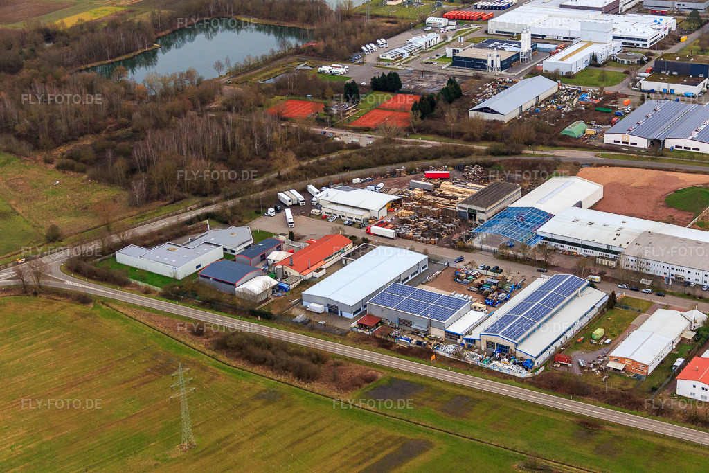 Luftbild: Industriegebiet In den Birkenwiesen mit BULLINGER Metallbau GmbH in Offenbach an der Queich im Bundesland Rheinland-Pfalz in Deutschland. Foto: IMG_086172.jpg vom 12.02.2016 durch Werner Riehm/FLY-FOTO.deBullinger Metallbau | Schlosserei in der Südpfalz seit 1988