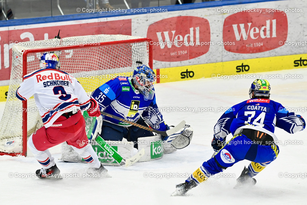 EC IDM WÄRMEPUMPEN VSV vs. EC Red Bull Salzburg | #3 Schneider Peter EC Redbull Salzburg, #35 Cannata Joe EC VSV, #74 COATTA Max EC VSV, EC IDM WÄRMEPUMPEN VSV vs. EC Red Bull Salzburg, EC IDM WÄRMEPUMPEN VSV vs. EC Red Bull Salzburg am 17.01.2025 in Villach (Stadthalle Villach), Austria, (Photo by Bernd Stefan)