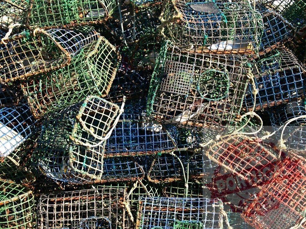 Piling up colorful fishing traps used for catching seafood | Colorful pile of wire mesh fishing traps used for catching seafood - Realized with Pictrs.com