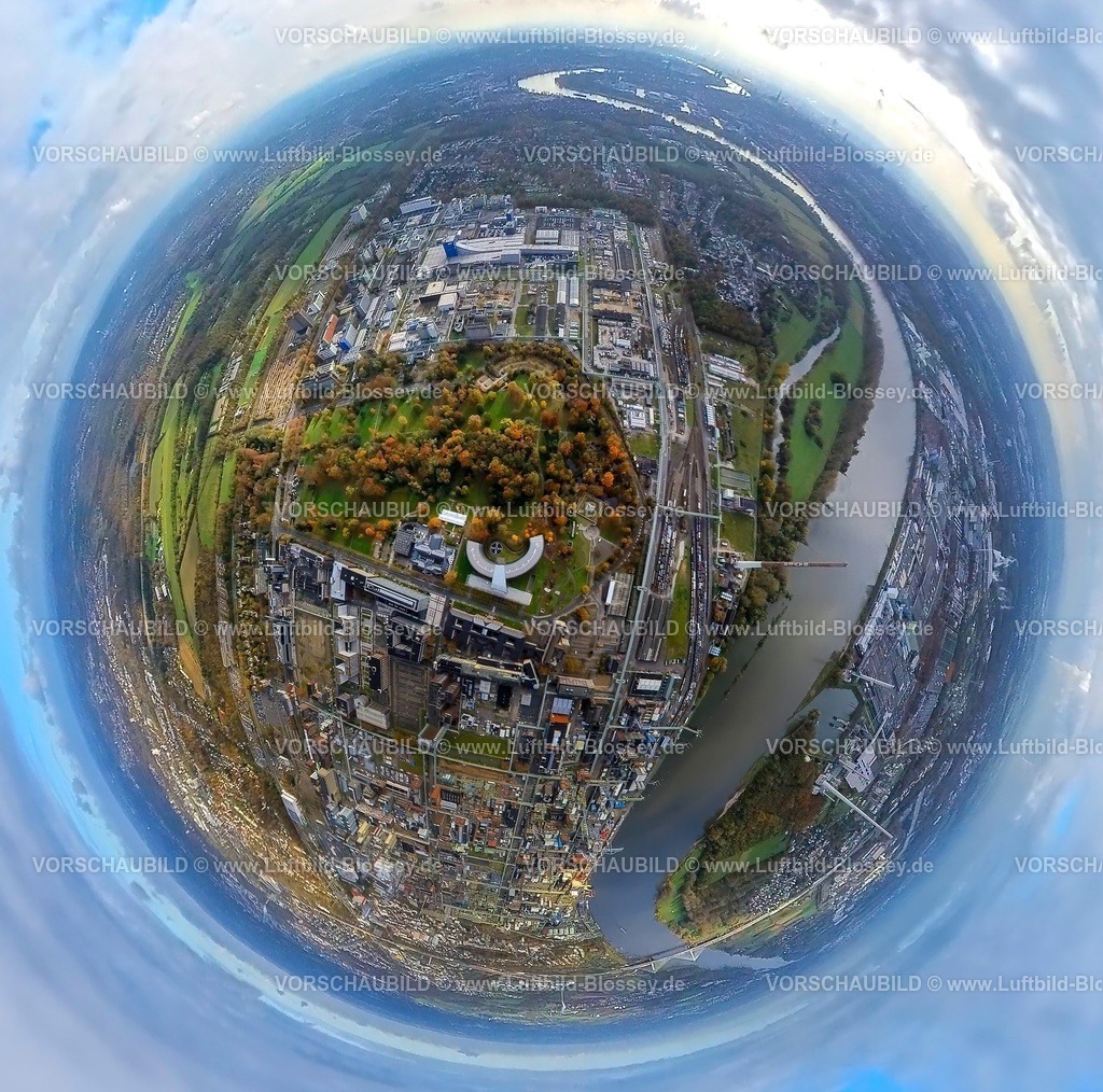Leverkusen231190025BayerLeverkusenChemiewerk-topaz | Luftbild, Chempark Leverkusen Chemiepark (ehemals Bayerwerk) am Fluss Rhein, halbrundes Gebäude der Konzernzentrale Bayer AG, umgeben von herbstlichen Laubbäumen, Erdkugel, Fisheye Aufnahme, Fischaugen Aufnahme, 360 Grad Aufnahme, tiny world, little planet, fisheye Bild, Wiesdorf, Leverkusen, Rheinland, Nordrhein-Westfalen, Deutschland