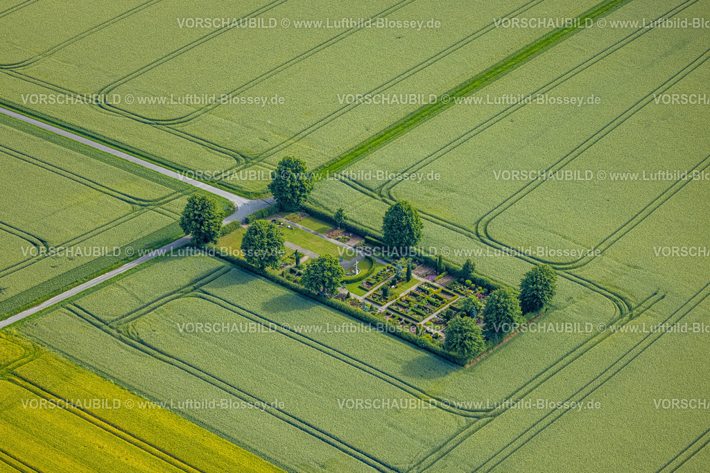 Hamm220602122 | Luftbild, Friedhof Wambeln, Form und Farbe mit Bäumen umgeben von Feldern, Rhynern, Hamm, Ruhrgebiet, Nordrhein-Westfalen, Deutschland