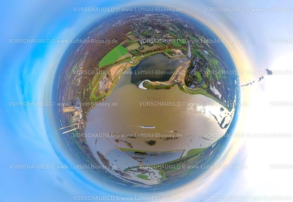 Dinslaken231190298EmschermuendungRhein | Luftbild, Hochwasser am Naturschutzgebiet Hasenfeld und Rheinvorland, gegenüber der neuen Emschermündung in den Rhein., umgeben von herbstlichen Laubbäumen, Erdkugel, Fisheye Aufnahme, Fischaugen Aufnahme, 360 Grad Aufnahme, tiny world, little planet, fisheye Bild, Möllen, Voerde, Ruhrgebiet, Nordrhein-Westfalen, Deutschland