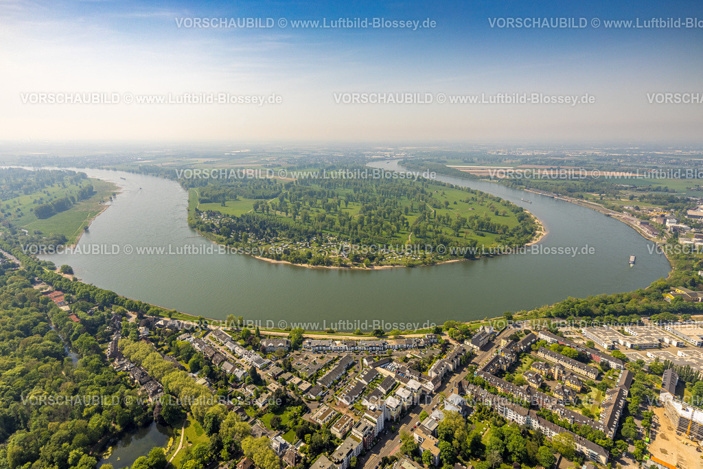 Duesseldorf240501470 | Luftbild, Fluss Rhein Rheinbogen und Rheinufer, Zonser Grind Waldgebiet Wiesen und Felder, Rheinblick am Zonser Grind Campingplatz, Holthausen, Düsseldorf, Rheinland, Nordrhein-Westfalen, Deutschland
