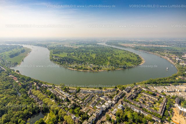 Duesseldorf240501470 | Luftbild, Fluss Rhein Rheinbogen und Rheinufer, Zonser Grind Waldgebiet Wiesen und Felder, Rheinblick am Zonser Grind Campingplatz, Holthausen, Düsseldorf, Rheinland, Nordrhein-Westfalen, Deutschland