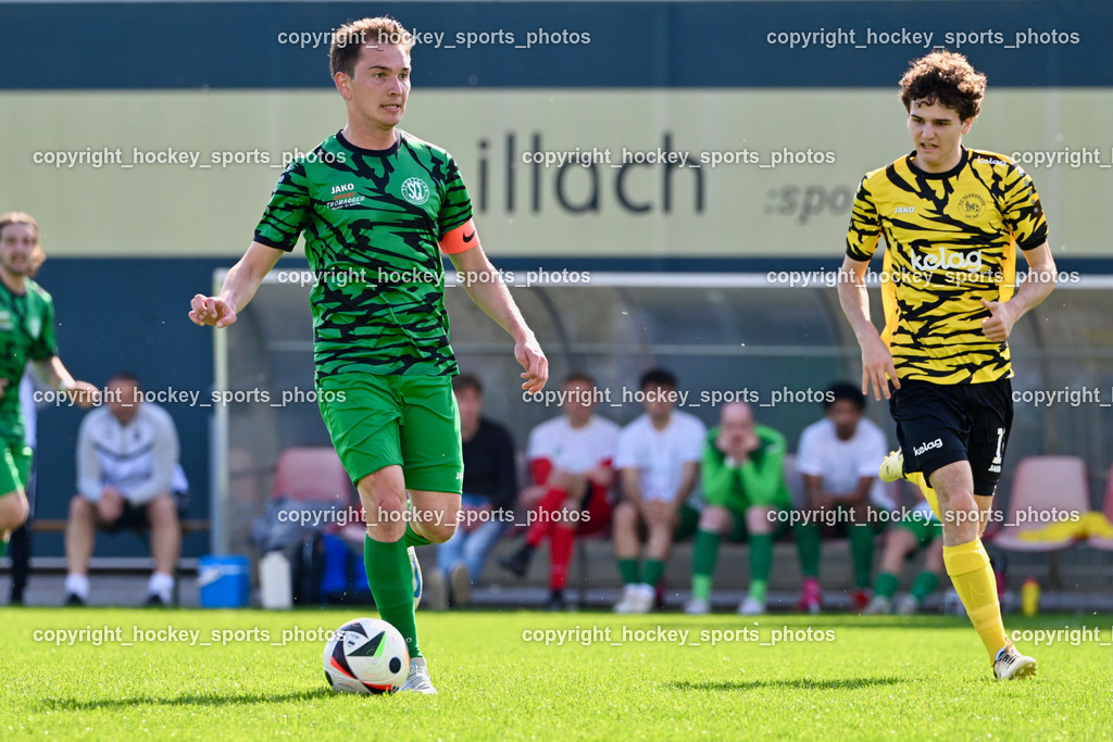 SC Landskron vs. FC Faakersee | #8 Philipp Gatti SC Landskron, #16 Tobias Felix Waldner FC Faakersee, SC Landskron vs. FC Faakersee, SC Landskron vs. FC Faakersee am 27.04.2025 in Villach (Sportanlage Landskron), Austria, (Photo by Bernd Stefan)