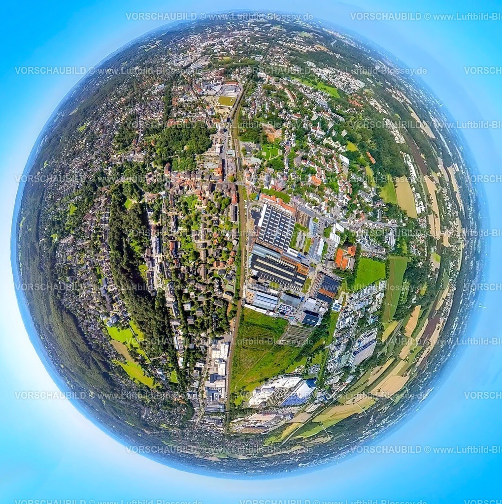 Witten230890044 Annen | Luftbild, Ortsansicht Stadtteil Annen, Bahnhof Annen-Nord,  Park der Generationen Bautelle, Gewerbegebiet Annen Industrie- und Technologiepark, Erdkugel, Fisheye Aufnahme, Fischaugen Aufnahme, 360 Grad Aufnahme, tiny world, Annen, Witten, Ruhrgebiet, Nordrhein-Westfalen, Deutschland