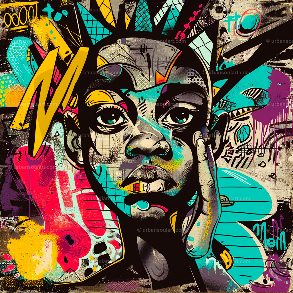 Abstract Black Boy Face Portrait | An expressive, colorful abstract portrait of a young boy’s face with graffiti-inspired details. Ideal for spaces needing a touch of modern, cultural art. - Realisiert mit Pictrs.com