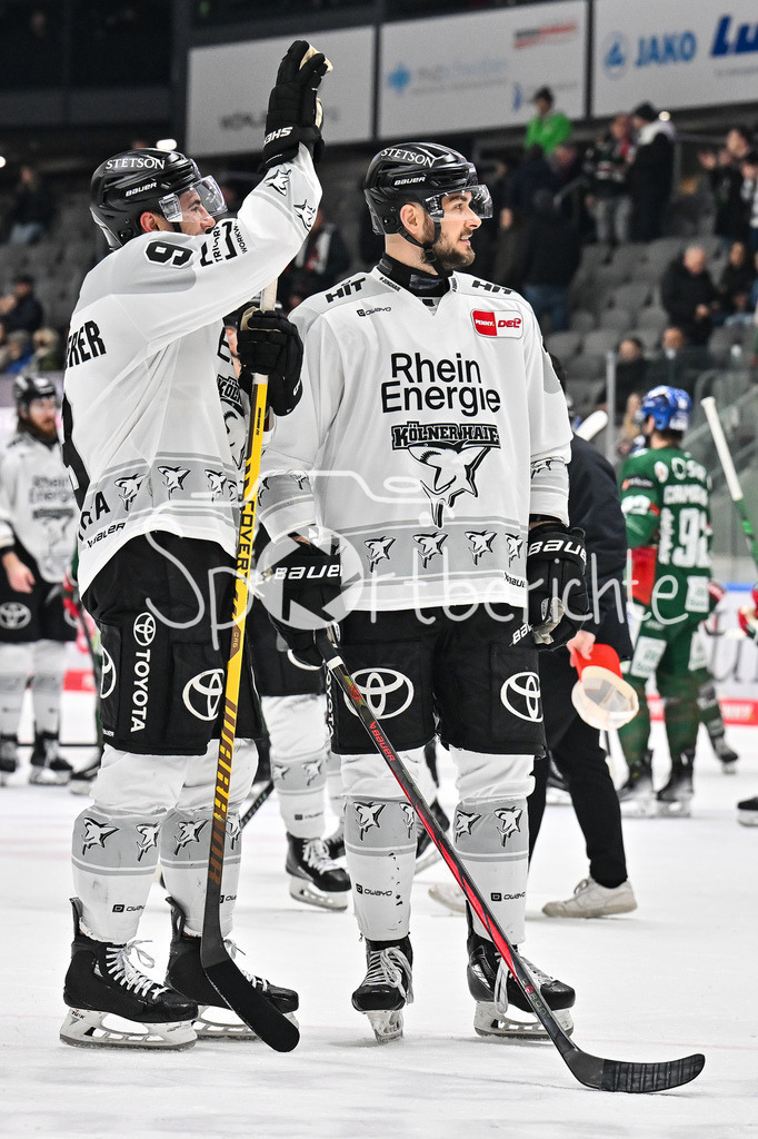 Augsburger Panther - Kölner Haie | aUGSBURG, GERMANY - 11. JANUARY: die Haie feiern nach dem Spiel mit den Fans den 1-3 Auswärtssieg in Augsburg - Moritz MÜLLER (Kölner Haie 91) und Maximilian GLÖTZL (Kölner Haie 22) während dem Match zwischen den Augsburger Panthern und den Kölner Haien am 39. Spieltag der penny DEL im Curt Frenzel Stadion