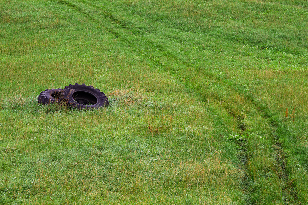 Reifen in einer Wiese | Für den Bauern dienen die Reifen sicher als Markierung, für mich als ästhetisches Gegengewicht zur Wiese und den Spuren auf ihr. - Realisiert mit Pictrs.com