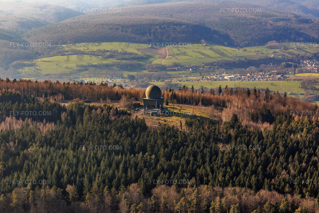 Aerial view: Radar dome in Lampertsloch in the state Bas-Rhin, France.Photo: IMG_086675.jpg taken on 03/26/2016 by Werner Riehm/FLY-FOTO.comResolution of the original: 5472 x 3648 px
