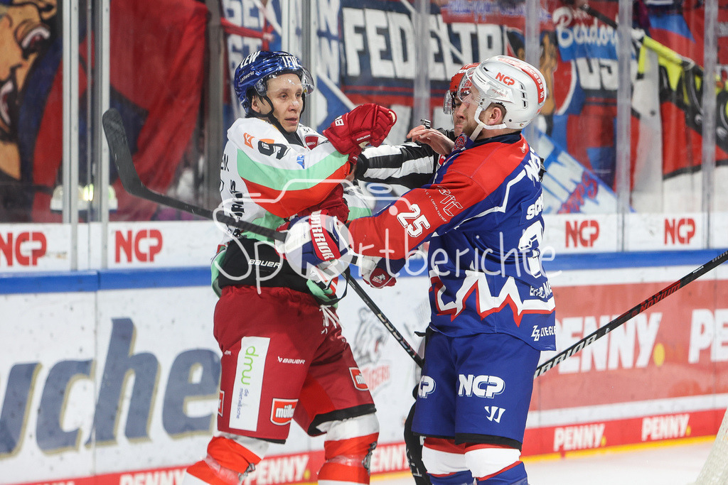 Nürnberg ICE Tigers - Augsburger Panther | Anrei HAKULINEN (AEV #94) und Daniel SCHOELZ (EHC #25) sind sich nicht ganz einig / Kampf / Faustkampf / Fight / DEL Retro Game